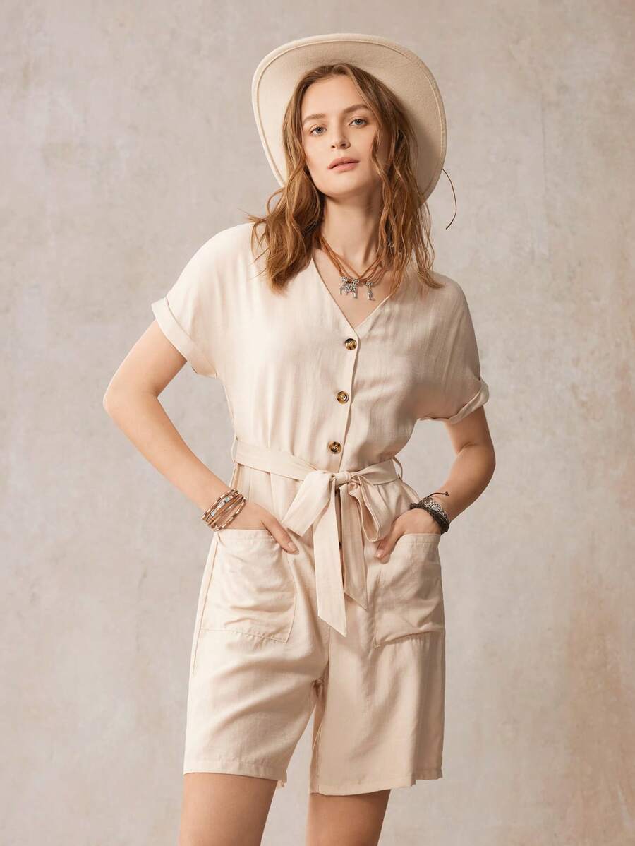 SHEIN LUNE Batwing Sleeve Dual Pocket Belted Romper - Apricot - View 1