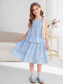 SHEIN Tween Girls Comfort Solid Color Crew Neck Sleeveless Top And A-Line Skirt Set - Blue - View 6
