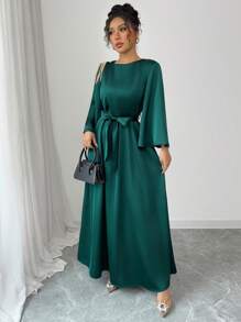 Chiquease Vestido largo de satén suelto con mangas largas, talle ajustado y aplicación floral, estilo árabe abaya, unicolor, elegante, para uso diario, Ramadán