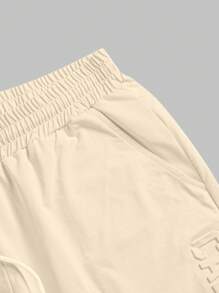 Claim Dot 男士简约纯色字母压花短袖T恤短裤套装，夏季 - 卡其色 - 查看 3