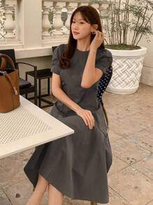 DAZY 女士优雅纯色泡泡袖连衣裙，休闲女装 - 灰色 - 查看 5