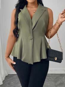 SHEIN Unity Plus Size Sleeveless Solid Color Ruffle Trim Elegant Casual Business Blouse For Women - Olive Green - View 4