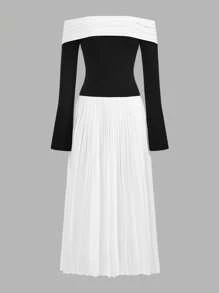 Aloruh Women's Contrast Color Off The Shoulder Long Sleeve Pleated Hem Mid-Length Dress
