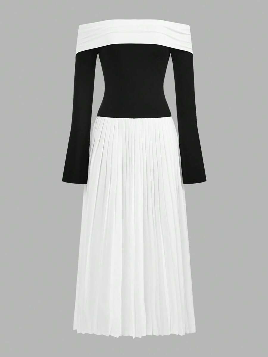 Aloruh Women's Contrast Color Off The Shoulder Long Sleeve Pleated Hem Mid-Length Dress