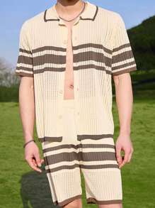 Manfinity CasualKnits 男士针织两件套短袖衬衫和短裤，休闲时尚，适合日常穿着 - 彩色 - 查看 3