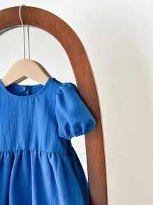 SHEIN LMoss Kids LMoss Baby Girl Cute And Simple Baby Girl Summer Casual Loose Bubble Short-Sleeved Dress With Textured Fabric