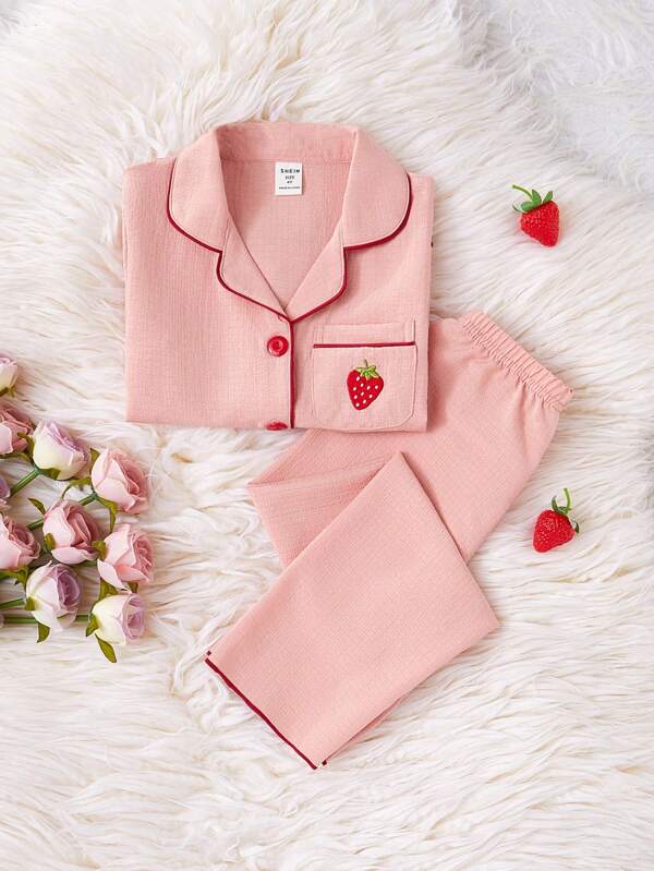 SHEIN 2pcs/Set Girls Coral Pink Cherry Embroidered Casual Loose Top And Pants Home Wear Set