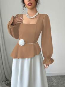 Gloray Gaun Elegan dengan Dekorasi Bunga dan Blok Warna untuk Wanita, Pakaian Musim Gugur - Khaki - View 5