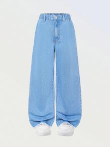 Girls' Casual Basic Comfortable Elegant Fresh Wide-Leg Loose Fit Pure White Denim Jeans - Medium Wash - View 1