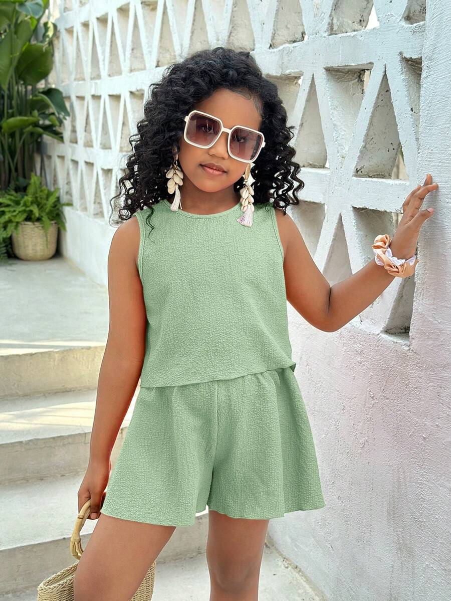 SHEIN SLAYR KIDS Tween Girls Solid Color Textured Cami Top & Shorts 2 Pieces Set, Suitable For Summer, Beach, Vacation - Mint Green - View 1