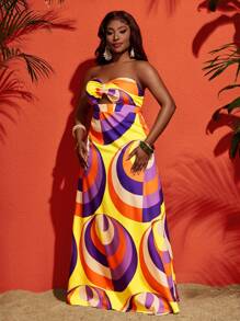 Slaydiva Plus Size Fashionable Contrast Color Print Bandeau Dress, Vacation Style - Multicolor - View 7