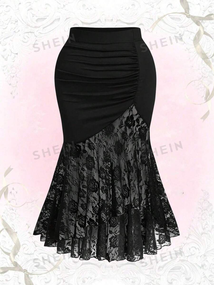 Sweetra Falda de tul y encaje con diseño de cola de sirena, elegante y sexy, para mujer de talla grande, para fiesta, primavera/verano - Negro - Ver 1