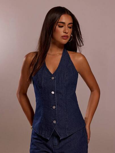 SHEIN Forever 21 夏季新款 V 领露背修身洗水深蓝色条纹牛仔女衬衫