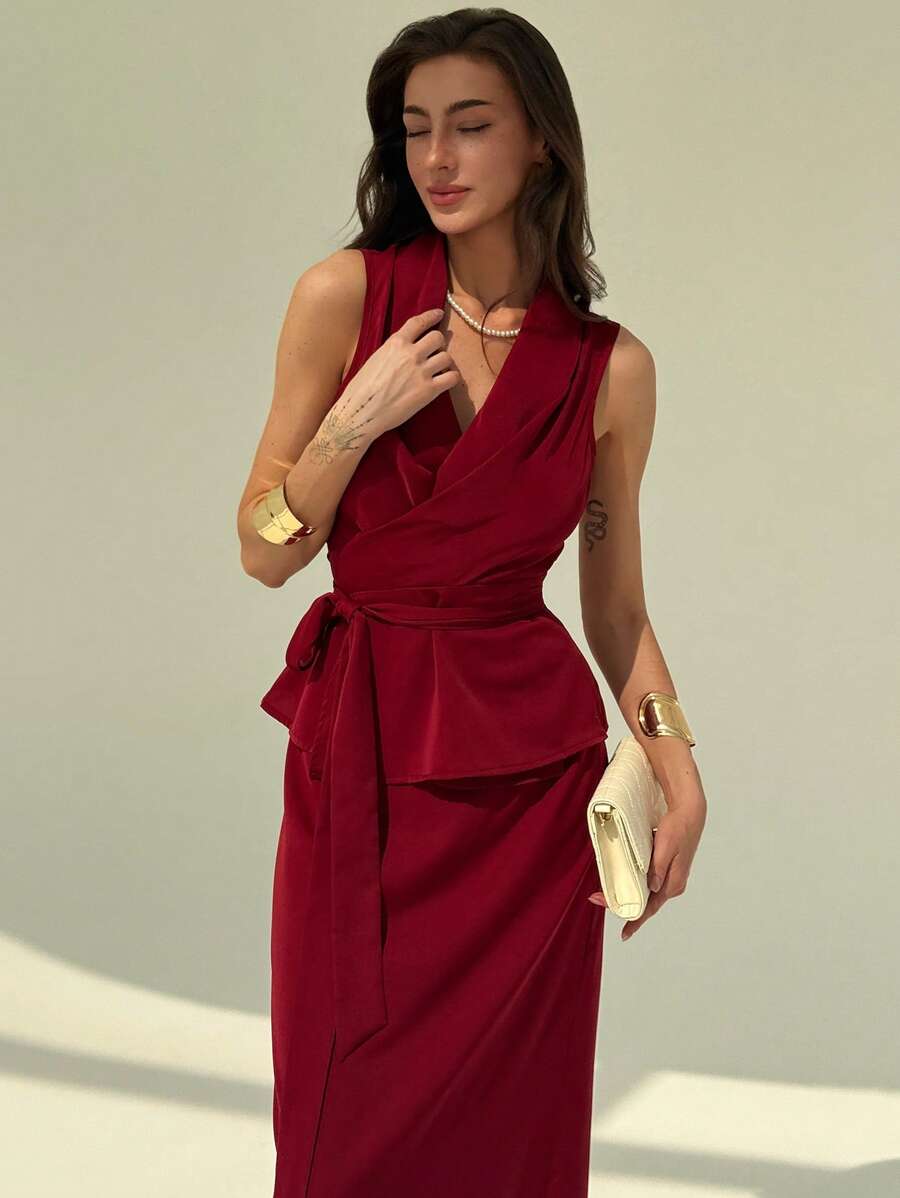 Aloruh 女士两件套优雅纯色裹身吊带背心和裙子，夏季通勤简约休闲优雅修身酒红色套装蕾丝优雅度假装女士前系带上衣