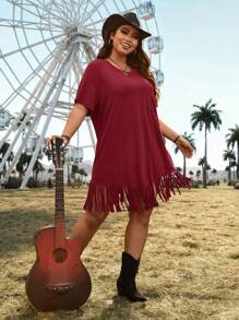 CovetEZ Plus Size Loose Round Neck Distressed Casual Fringed T-Shirt Dress - Burgundy - View 5