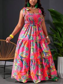 Slaydiva Casual & Holiday & Elegant Women Plus Size Loose Fuchsia Elastic Drawstring Dress - Multicolor - View 4