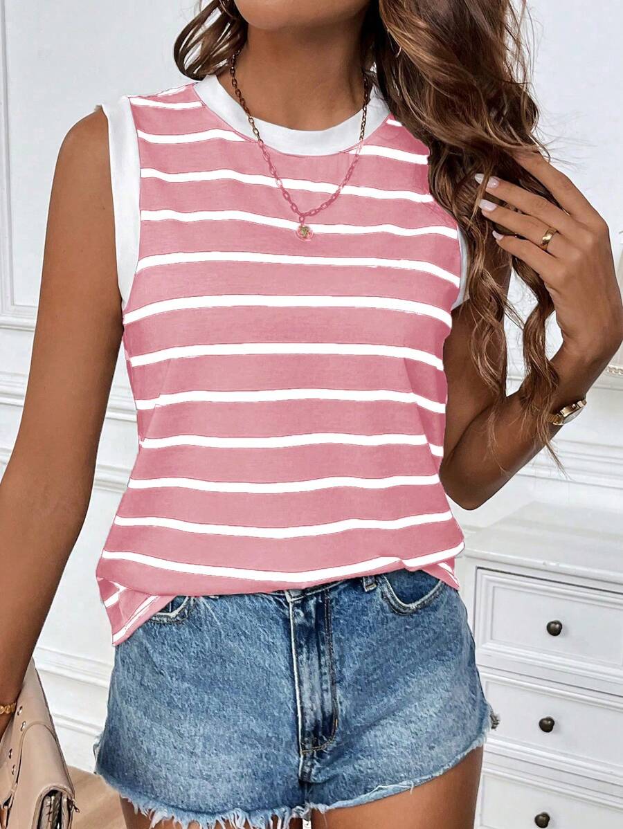 EMERY ROSE 女士夏季休闲圆领黑白条纹上衣图案 T 恤女士上衣