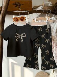 SHEIN Leap Crew 女宝宝休闲可爱豹纹蝴蝶结短袖上衣和长裤套装，适合春夏季 - 彩色 - 查看 2