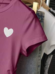 INAWLY Maglietta semplice e versatile da donna con ricamo a forma di cuore sulle maniche corte, adatta per l'estate