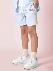 SUMWON Palm Springs Resort Collection Color Block Summer Set Beach Vacation Two-Piece Casual Outfit Athletic Sports Kids Tennis Club Streetwear Holiday Leisure Wear Youth Fashion Coordinates - Blue - View 4