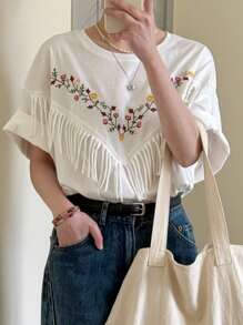 FRIFUL 女士花朵刺绣流苏圆领宽松短袖T恤，田园风，Y2K夏季上衣可爱上衣 - 白色 - 查看 8