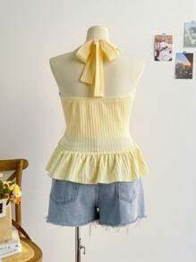 Soleia Plus Size Women Spring Yellow Halter Tie-Up A-Line Top, Suitable For Tea Time, Countryside, Beach, Romantic Understyle - Yellow - View 2