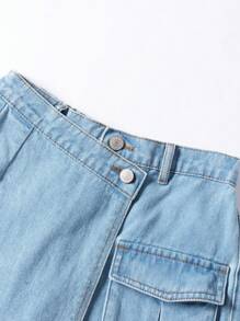 Teenage Girls Asymmetrical Design Snug Fit Casual Denim Skirt Shorts - Light Wash - View 9