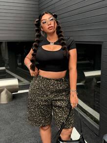 SHEIN ICON Plus Size Women Casual Leopard Print Denim Shorts - Multicolor - View 4