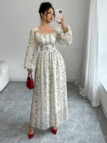 Modelyn Women's Elegant Vertical Striped Square Collar Waist A-Line Spring Summer Dress