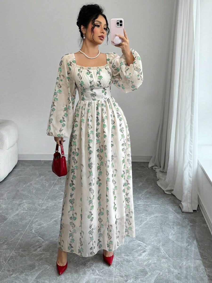 Modelyn Women's Elegant Vertical Striped Square Collar Waist A-Line Spring Summer Dress