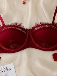 حمالة صدر تحت نسائية فرنسية رومانسية للعشاق مع حلقات من الصلب وقطع رقعية من الدانتيل - عنابي اللون - مشاهدة 3