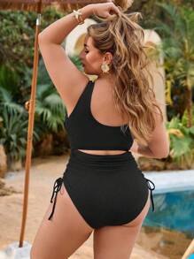SHEIN Plus Size Women Navy Blue Casual Vacation One-Piece Swimsuit - Black - View 2