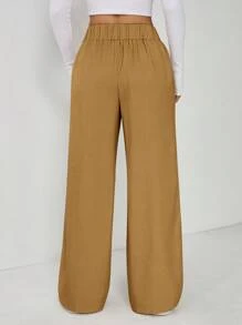 SHEIN PETITE Women's Casual Camel Woven Fabric Long Pants With Zipper Detail And Wide Leg Fit - Camel - View 2