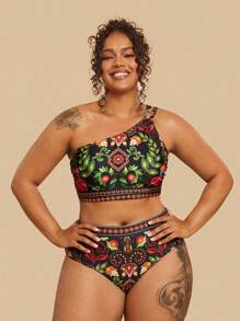 Travachic Maiô Bikini Estampado Tropical com Detalhe Recortado e Decote Halter, em 2 Peças, para Mulheres Plus Size, Casual para Férias na Praia