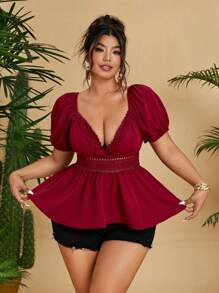 Flirla Plus Size Casual Floral Patchwork Square Collar A-Line Hem Blouse - Burgundy - View 1