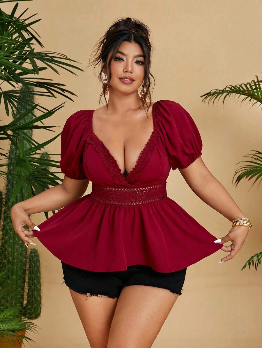 Flirla Plus Size Casual Floral Patchwork Square Collar A-Line Hem Blouse - Burgundy - View 1