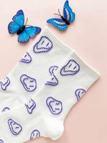 Alice Summer Purple Smiling Face Women Mid-Calf Socks - White - View 3