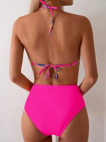 Swim Lushoire Women's Printed Triangle Top Bikini Set With High Waist Solid Color Bottoms For Summer Beach Vacation - Hot Pink - View 2