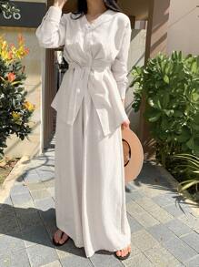 DAZY Elegant Asymmetric Shirt Top & Wide Leg Pants 2Pcs Suit For Women - White - View 2