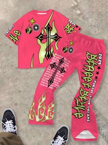 SHEIN Tween Boys Casual Minimalist Letter Print Crew Neck T-Shirt & Flared Pants 2pcs Set, Summer - Multicolor - View 1