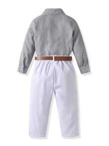 SHEIN Explorewe 2 件套年轻男孩绅士套装 - 条纹长袖衬衫和长裤（配腰带），适合生日派对、正式场合、婚礼的时尚服装 - 白色 - 查看 2