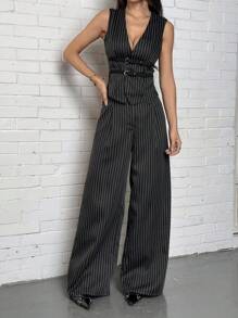 Comfortcana 2pcs Women Stripe Print Vest And Pants Set, Business/Casual Suit - Black - View 4