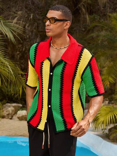 EASEVO 男士加大码彩色条纹印花前扣短袖开衫