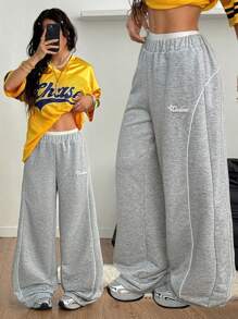 Coolane 女士和男士夏季返校节学院风简约基本款运动装休闲街头装灰色贴片宽松慢跑裤