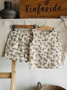 Vintaside Kids طقم كاجوال مكون من تي شيرت بدون أكمام رقبة دائرية تصميم مطبوع وشورت للأطفال الصغار من الجنسين