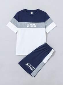 Tween Boy 2 件套圆领插肩袖拼色 T 恤和短裤针织睡衣套装