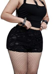 Whyspr Casual Punk Rave Plus Size Perforated Fabric Casual Women Shorts - Black - View 7