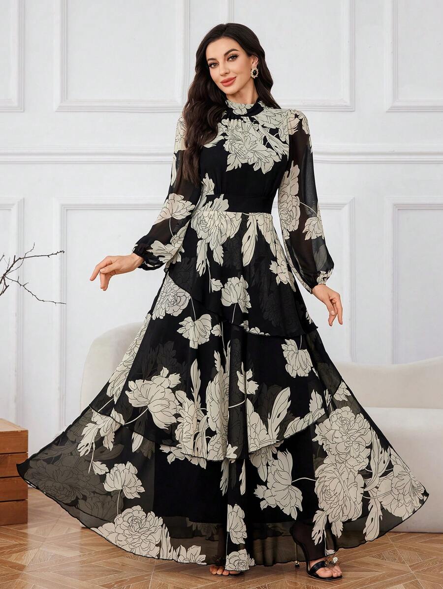 Modelyn Đầm voan bất đối xứng tay đèn lồng cổ đứng cho nữ, họa tiết hoa, váy dự tiệc thanh lịch lãng mạn - Nhiều màu - Xem 1