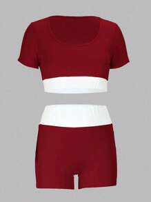 INAWLY Women 2pcs Set: Contrast Color Cropped Short Sleeve Top & Shorts, Casual - Red - View 3