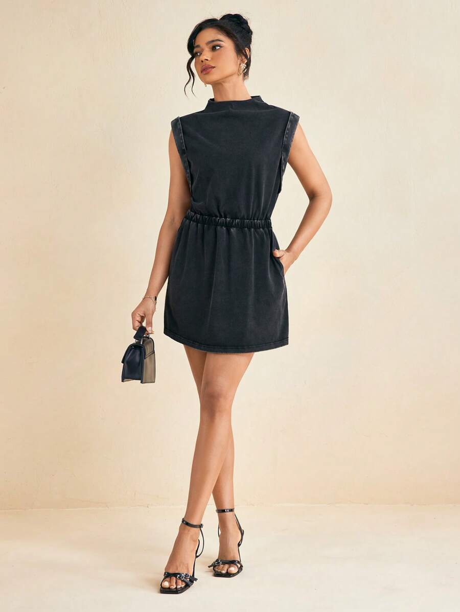 Amiko Acid Washed Knit Cowl Neck Elastic Waist Mini Dress Sporty Dress - Dark Grey - View 1